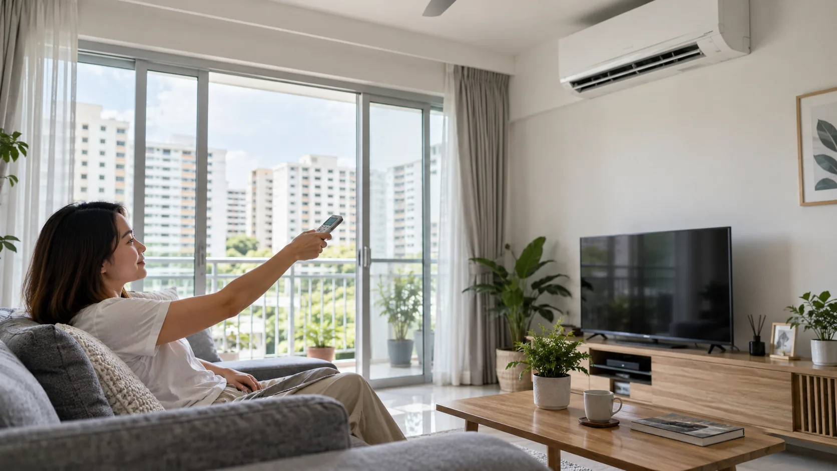 Resident using an aircon remote in a Singapore apartment