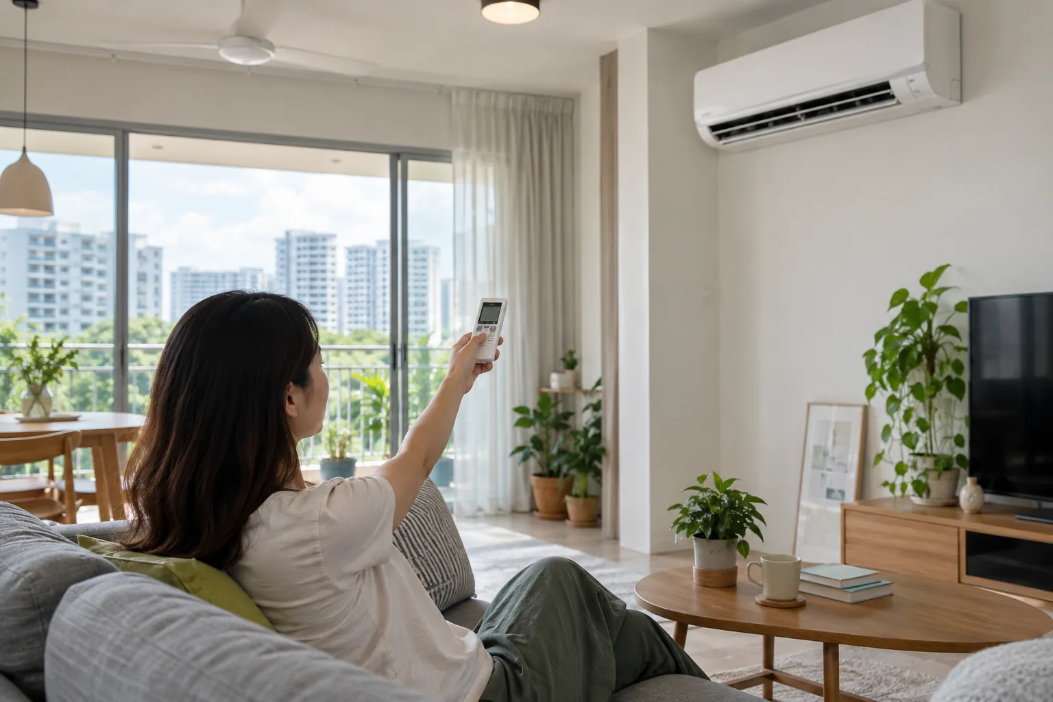 Resident adjusting a wall-mounted air conditioner in a Singapore apartment